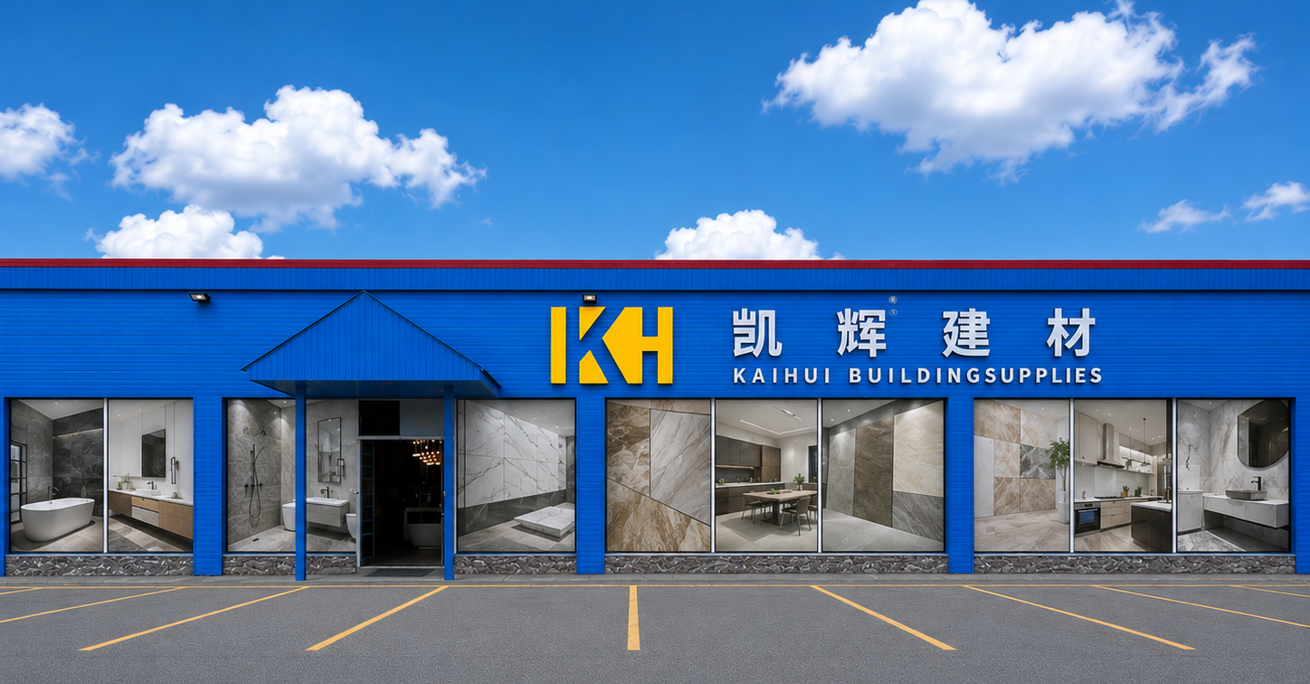 Kaihui Building Supplies store with blue facade and large windows displaying interior scenes.